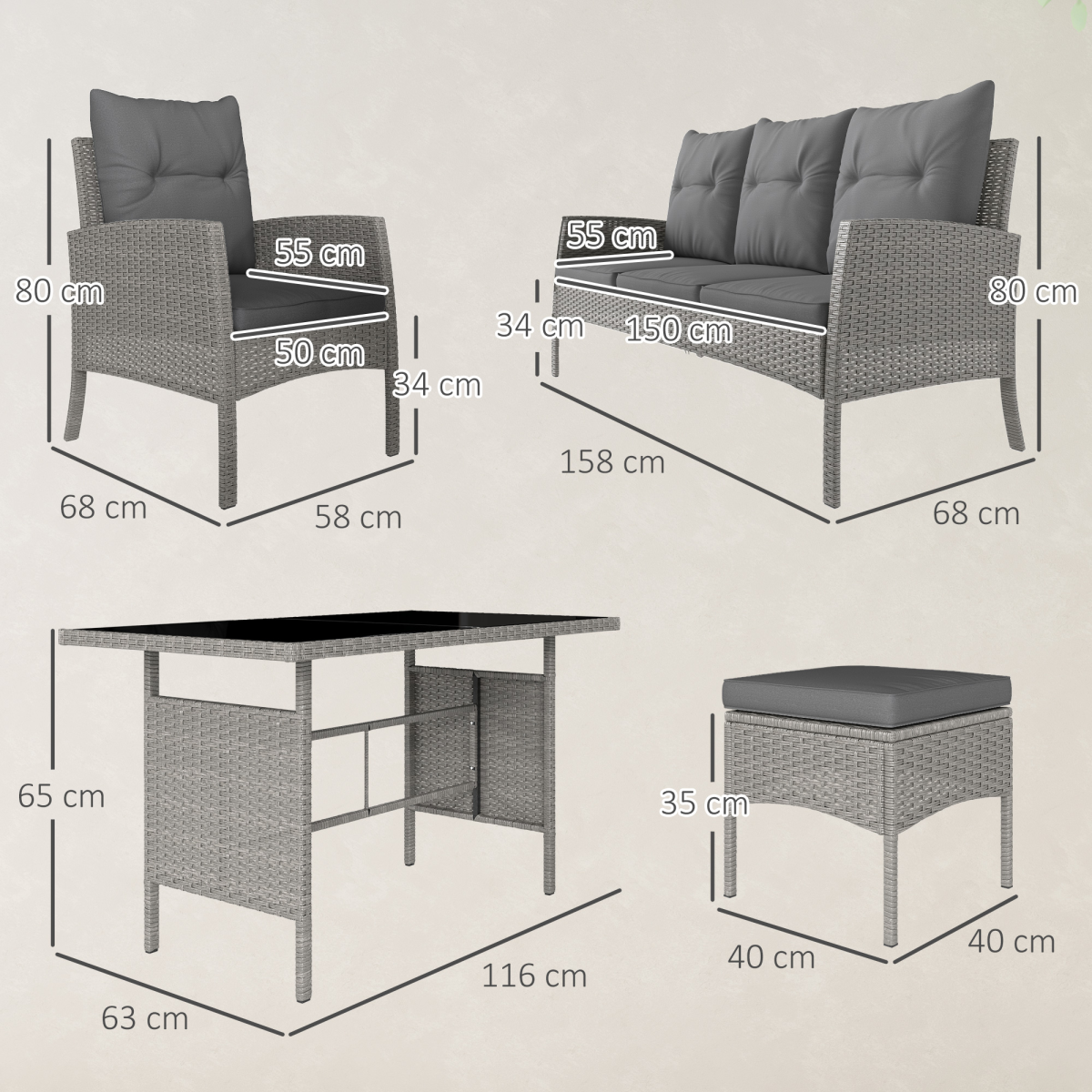 Outsunny 6 Pieces Rattan Garden Furniture Sofa Set, Grey