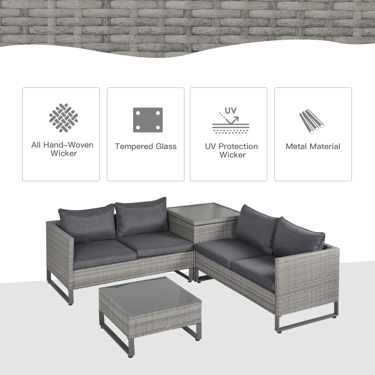Outsunny 4 PCs Rattan Wicker Sofa Set Conservatory Furniture w/ Side Storage Box
