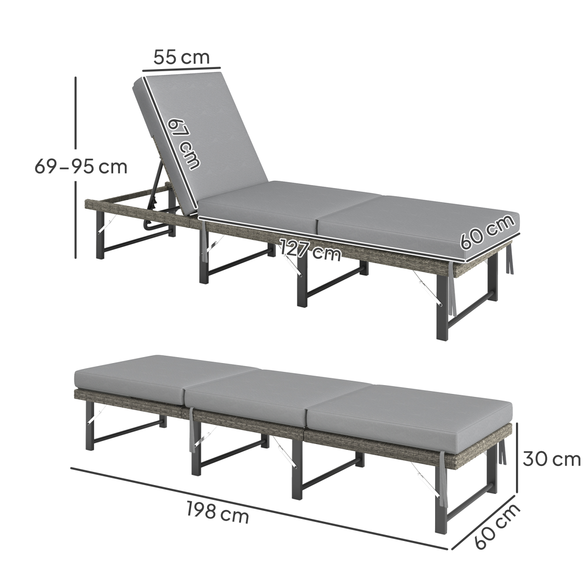Outsunny Folding Rattan Sun Lounger with Adjustable Back, Cushion, Grey