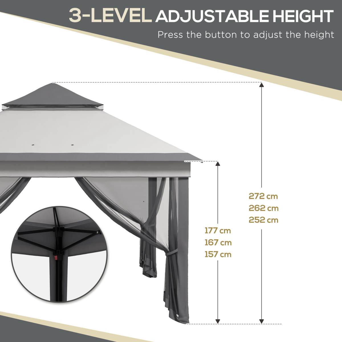 Outsunny 3 x 3(m) Pop Up Gazebo Tent with Netting, Height Adjustable, Grey