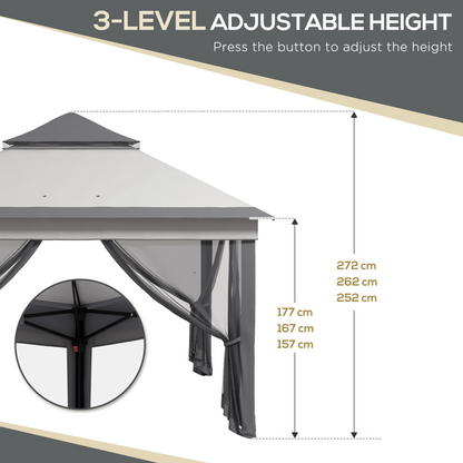 Outsunny 3 x 3(m) Pop Up Gazebo Tent with Netting, Height Adjustable, Grey