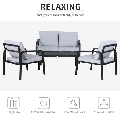 4 Pcs Garden Dining Set & 2 Chairs Sofa Glass Top Table Foam Cushions Grey Black