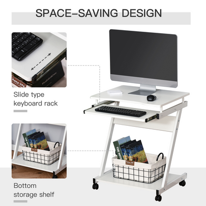 Computer Desk with 4 Moving Wheels Sliding Keyboard Tray White