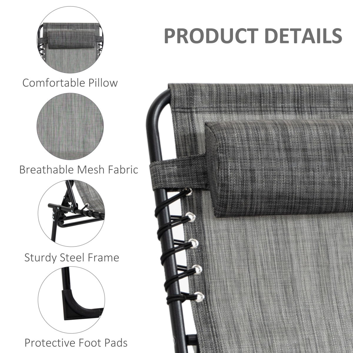 Portable Sun Lounger, Folding Camping  Adjustable , Pillow Grey