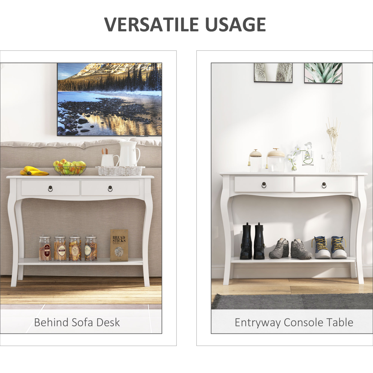 Console Table Storage Display Desk W/ 2 Drawers-Ivory White