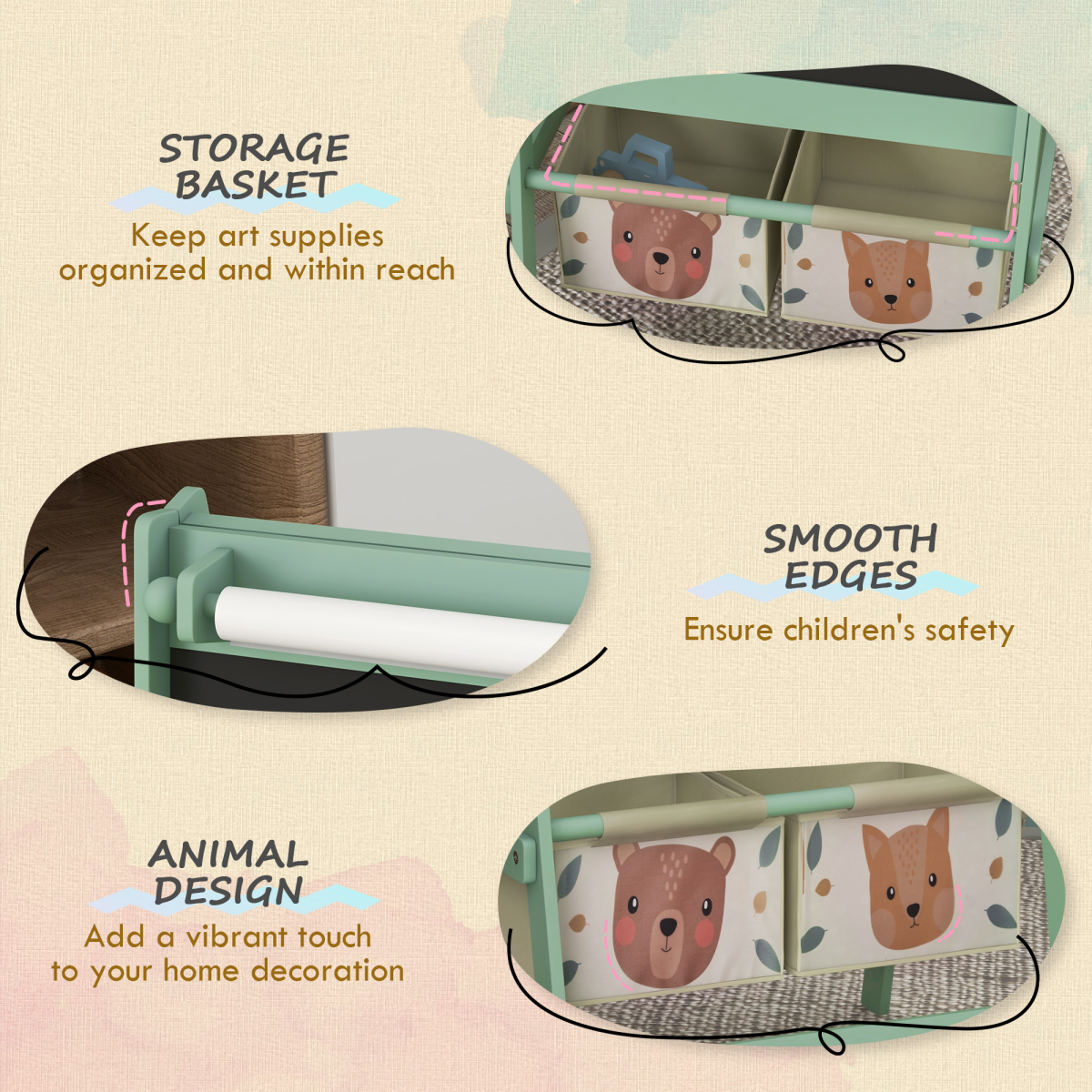 AIYAPLAY Kids Easel with Paper Roll, Blackboard, Whiteboard, Storage, Green