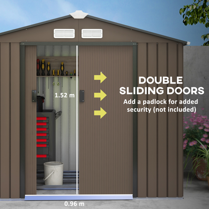 Brown Galvanized Garden Shed - Locking Doors, Ventilation and Floor Base