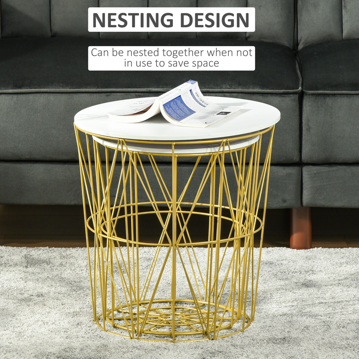 HOMCOM Set of 2 Nesting End Tables Side Tables w/ Basket Removable Top, White
