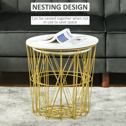 HOMCOM Set of 2 Nesting End Tables Side Tables w/ Basket Removable Top, White