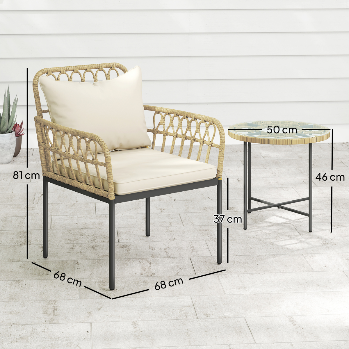 Outsunny 3 Piece Rattan Bistro Set, Balcony Table and Chairs with Cushions