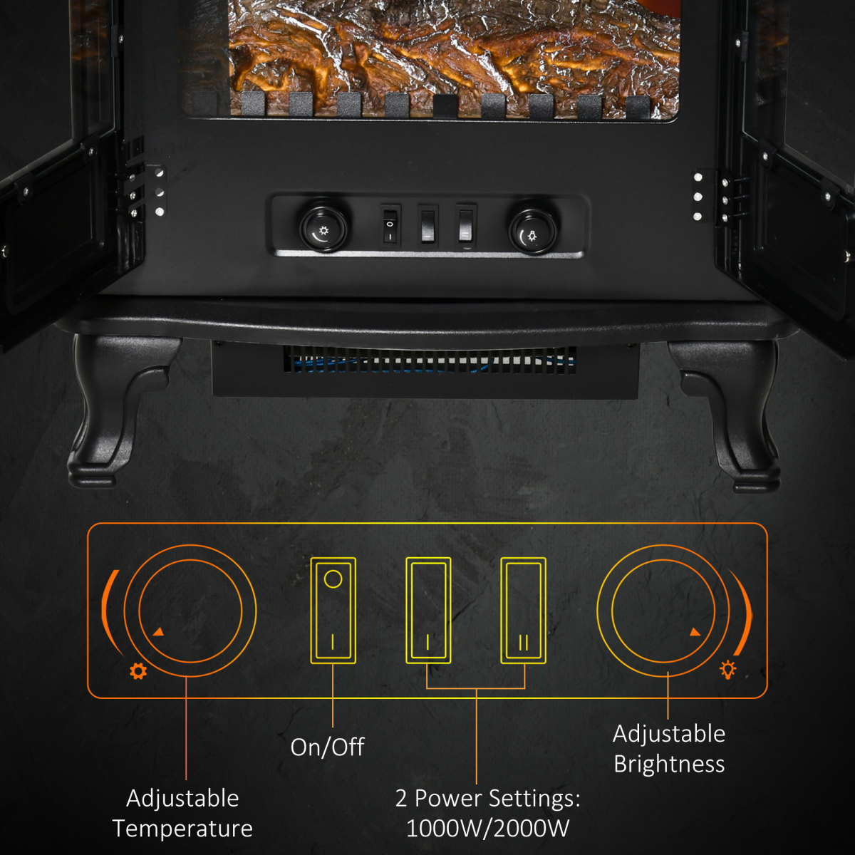 Electric Fireplace LED Fire Flame Effect, Double Door,  1000W/2000W, Black