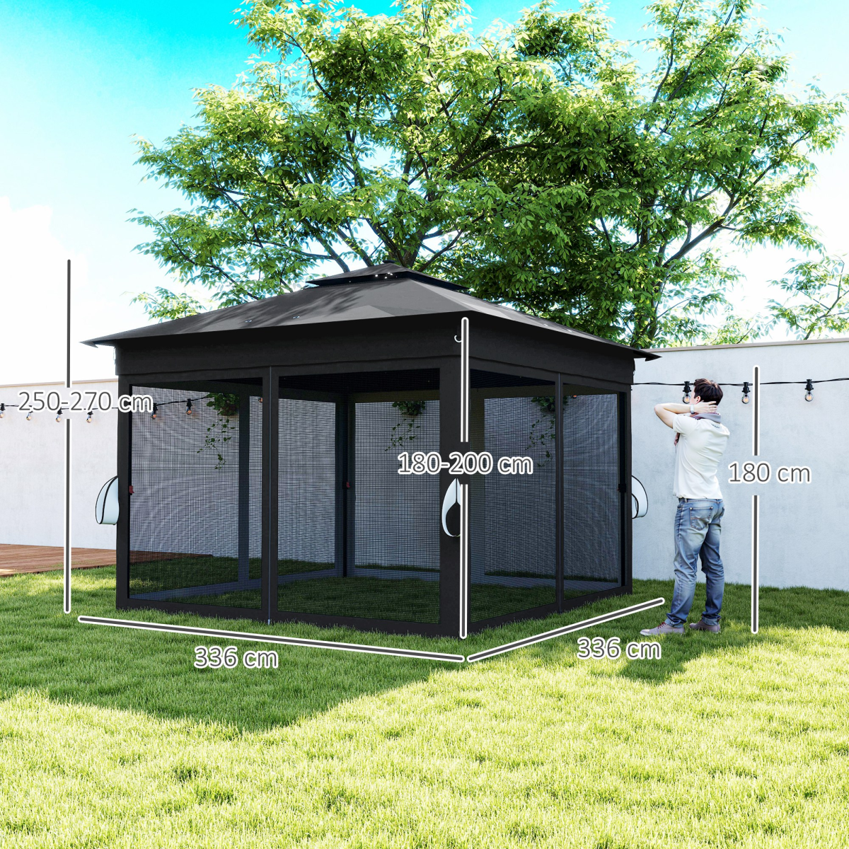 Outsunny 3x3(m) Pop Up Gazebo w/ Solar-Powered LED Lights Netting Black
