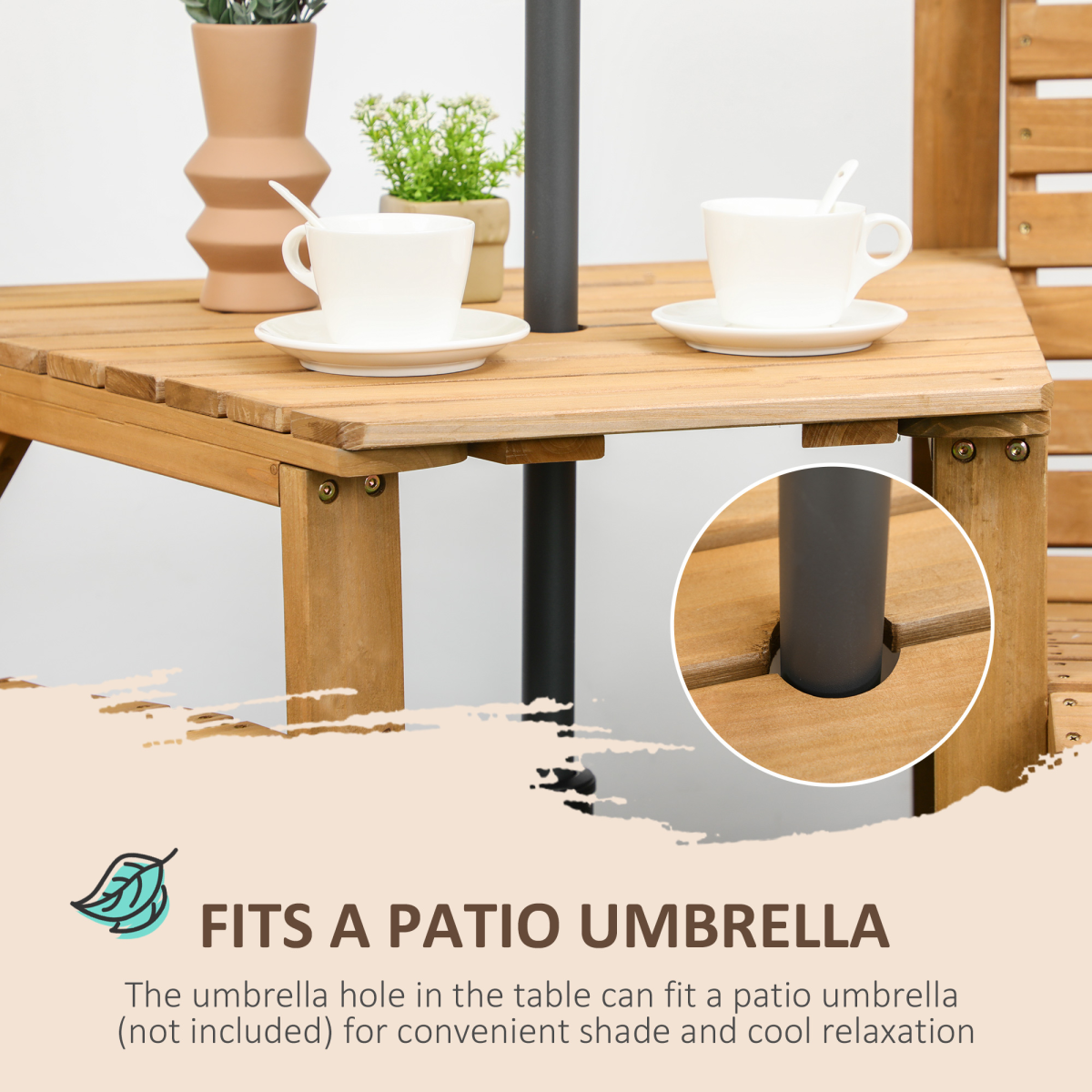 Outsunny Wooden Garden Love Seat w/ Coffee Table Umbrella Hole Partner Bench