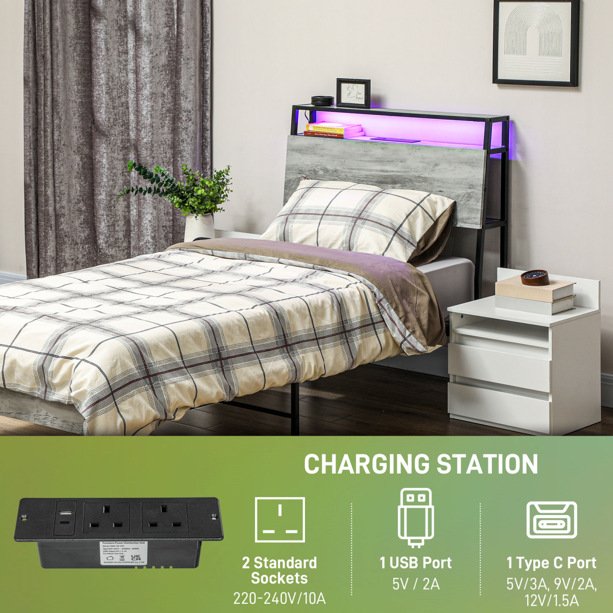 HOMCOM LED Single Bed Frame with Charging Station, 90 x 190cm, Cement Grey