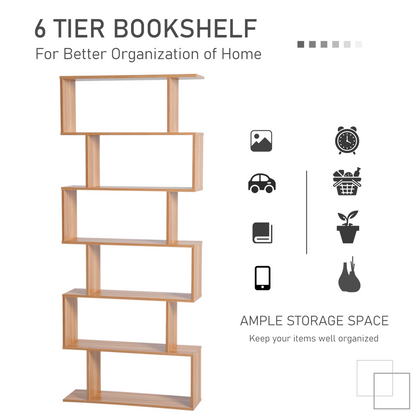 6-Tier Wooden S-Shaped Shelf Storage Unit Home Office Maple Colour
