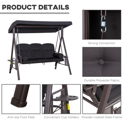 Outsunny 3 Seater Garden Swing Chair Patio Swing Bench w/ Cup Trays Black