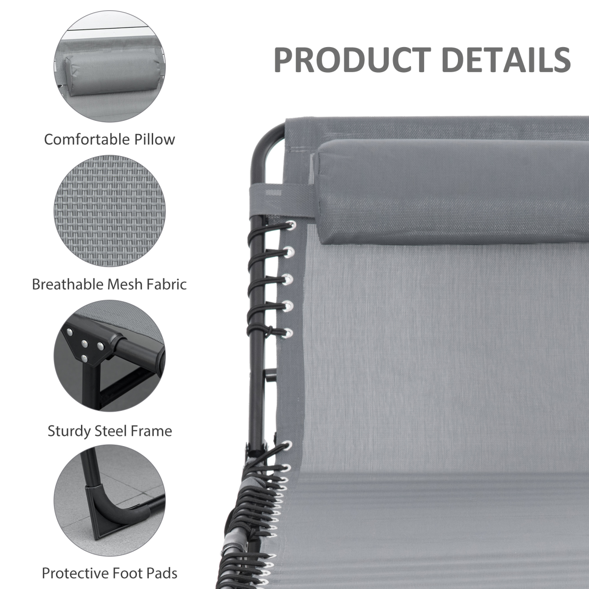 Portable Sun Lounger, Reclining Lounge Chair 5-position Adjustable Pillow Grey
