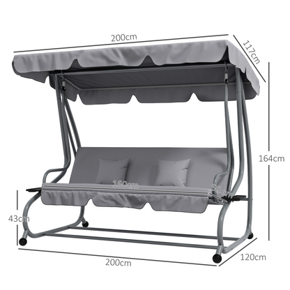 Outsunny 2-in-1 Garden Swing Chair for 3 Person w/ Adjustable Canopy, Grey