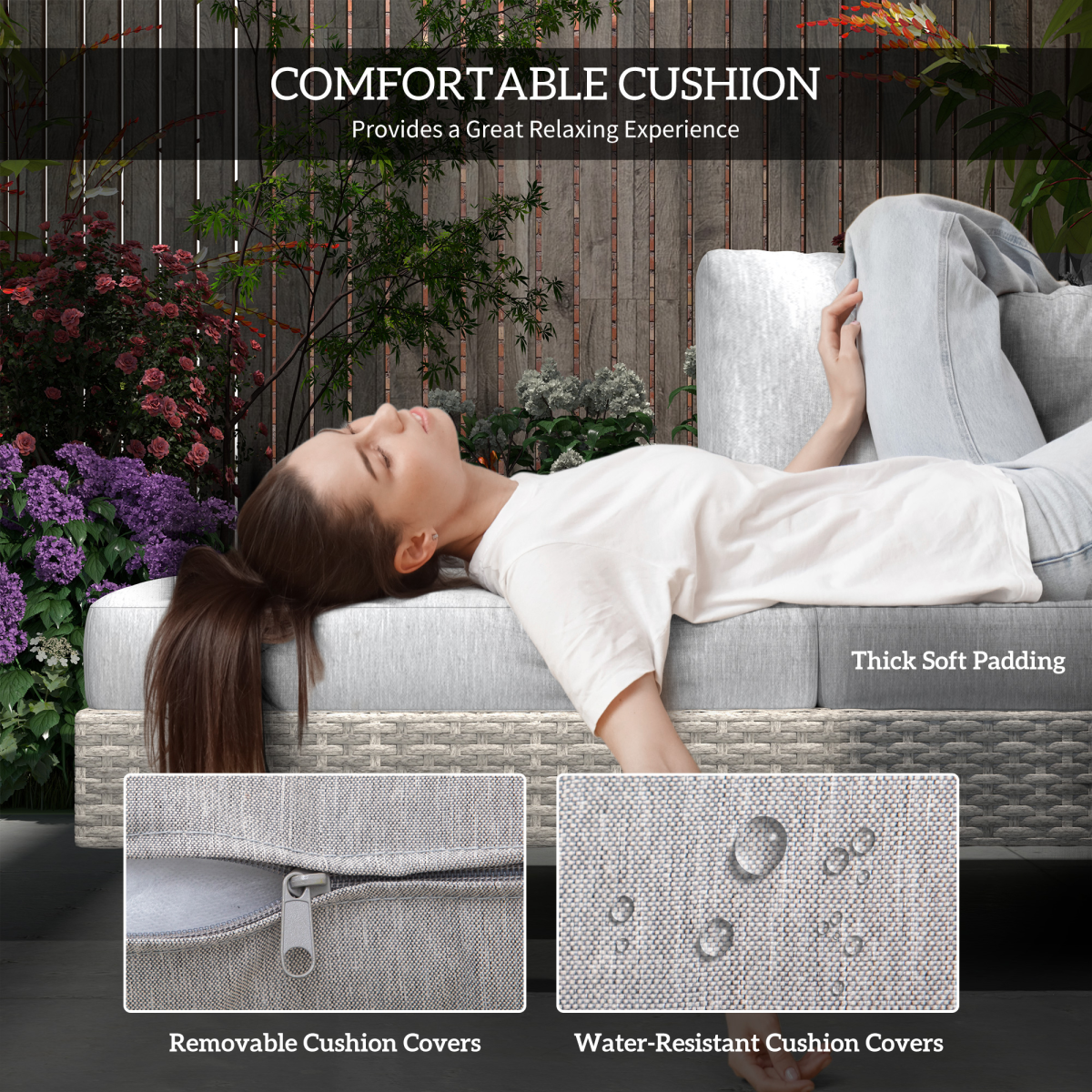 3pc Rattan Sofa Set Lounge Furniture Tea Table, Side Table & Cushioned Grey