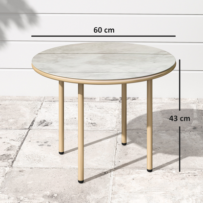 Outsunny Round Small Garden Table with Faux Marble Glass Top, Beige
