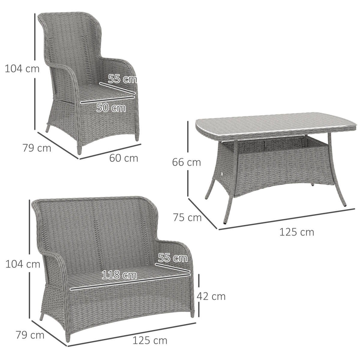 Outsunny 4 PCs Outdoor Rattan Sofa Set, Wicker Sectional Sofa Set Light Grey
