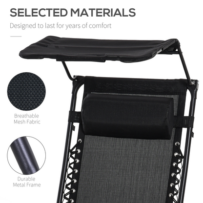 Zero Gravity Folding Sun Lounger Reclining Seat & Cup Holder & Canopy, Black