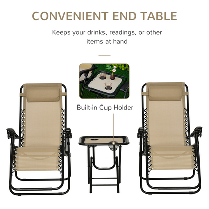 3PC Zero Gravity Chairs Sun Lounger Table Set w/ Cup Holders, Beige Outsunny