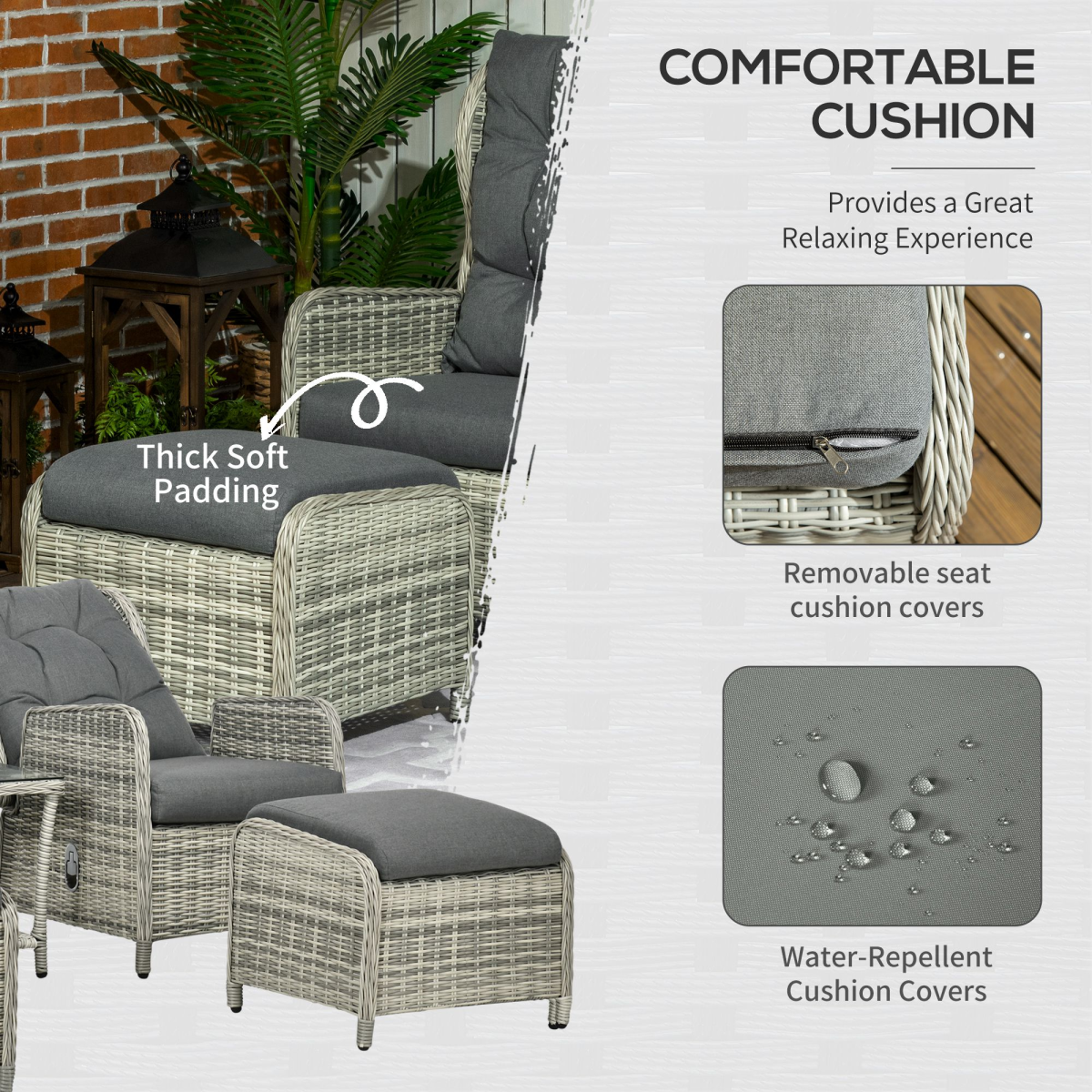 Outsunny Recliner Rattan Sun Lounger w/ Two-tier Table & Cushions, Mixed Grey