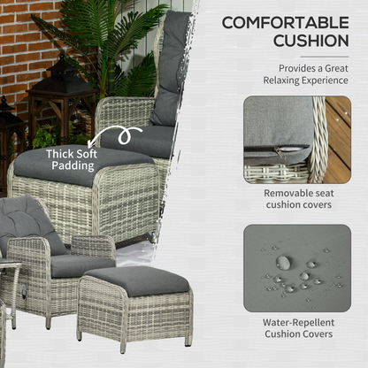 Outsunny Recliner Rattan Sun Lounger w/ Two-tier Table & Cushions, Mixed Grey