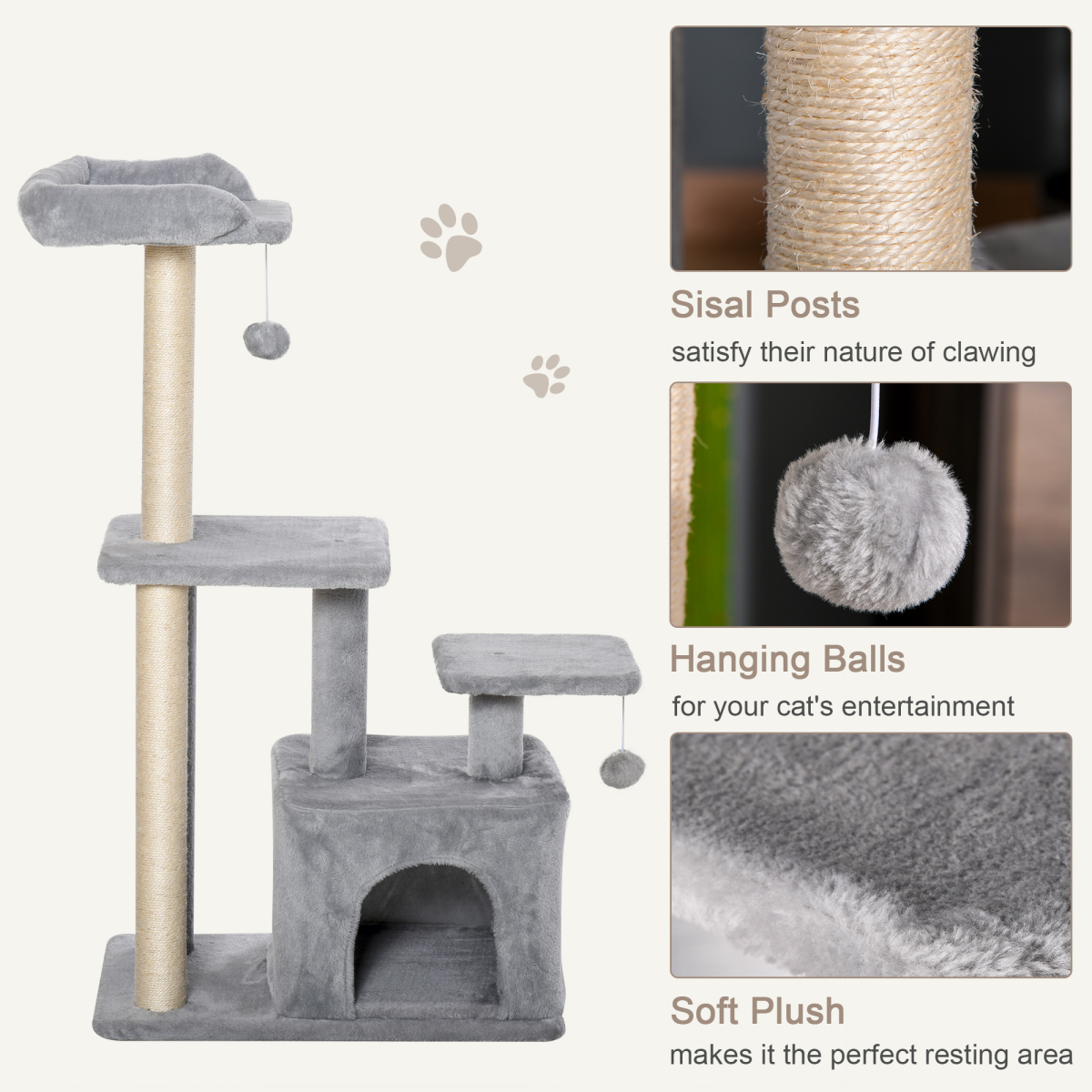 Cat Tree Tower w/ Scratching Posts Sisal Hanging Ball Condo 60 x 40 x 114cm