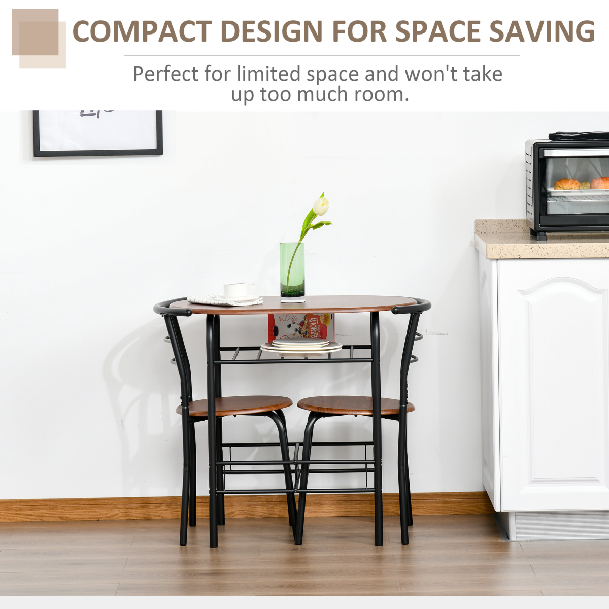 MDF 2-Seater Bar Stool and Table Set w/ Bottle Storage Shelf Wood Tone