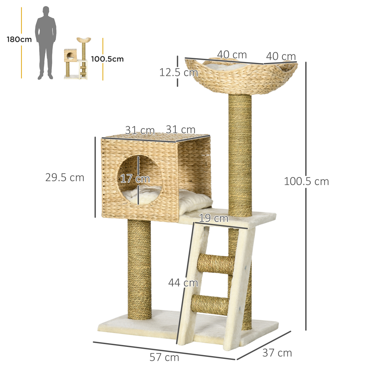 Cat Tree Kitten Tower Cattail Weave w/ Scratching Posts, Bed, House Pawhut