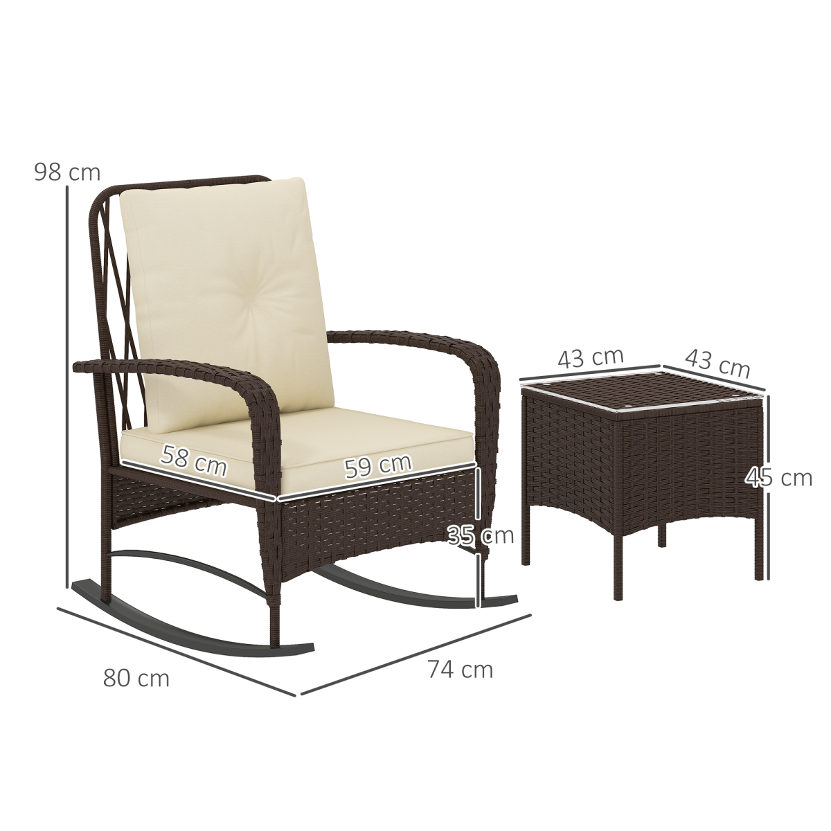 Outsunny Rattan Bistro Set Balcony Furniture with Rocking Chairs, Brown