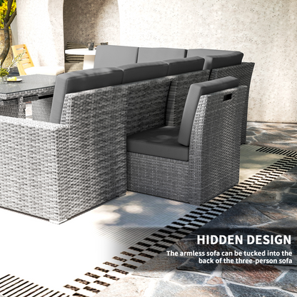 Outsunny 10-Seater Sofa Sectional w/ Cushioned Seat, Footstools and Glass Table