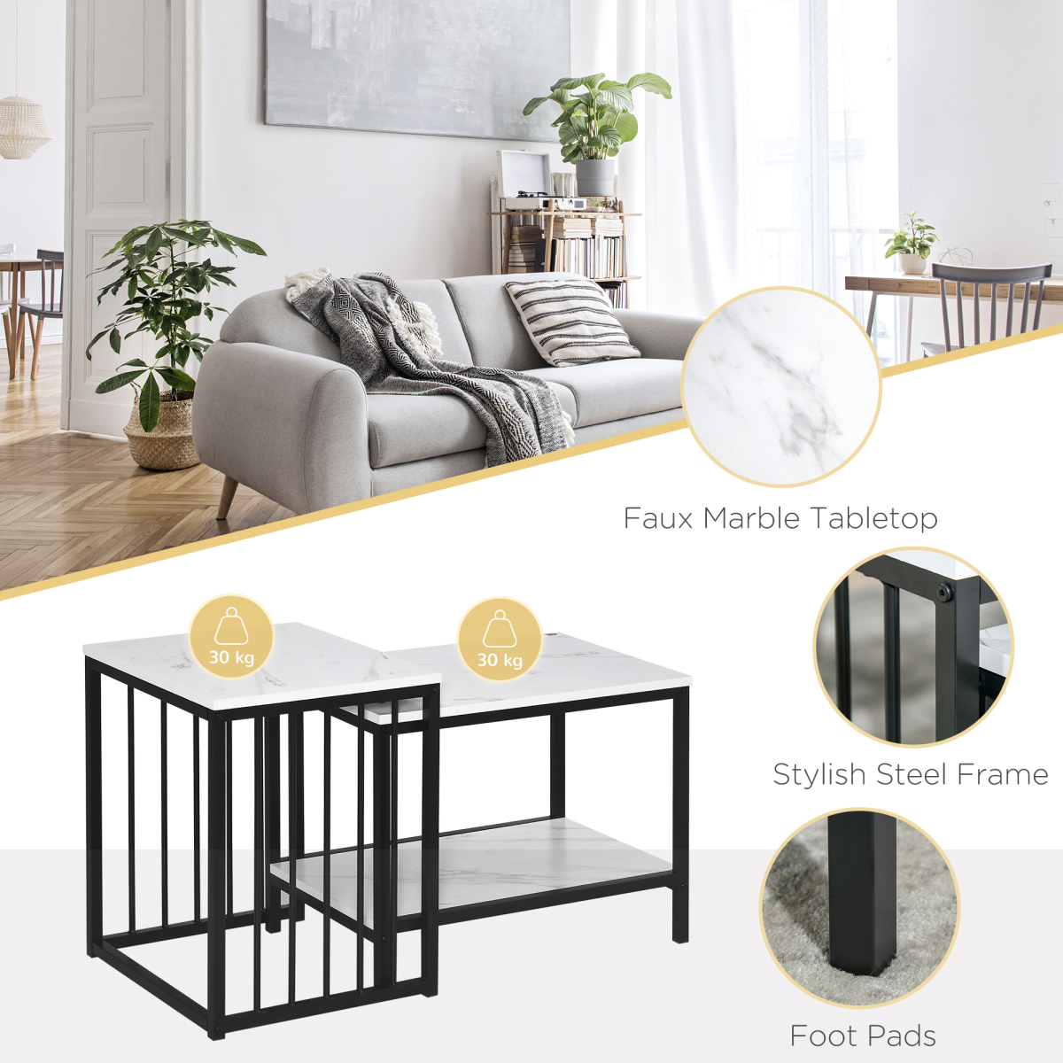 HOMCOM Modern Coffee Table Set of Two  Steel Frame Marble-Effect White, Black