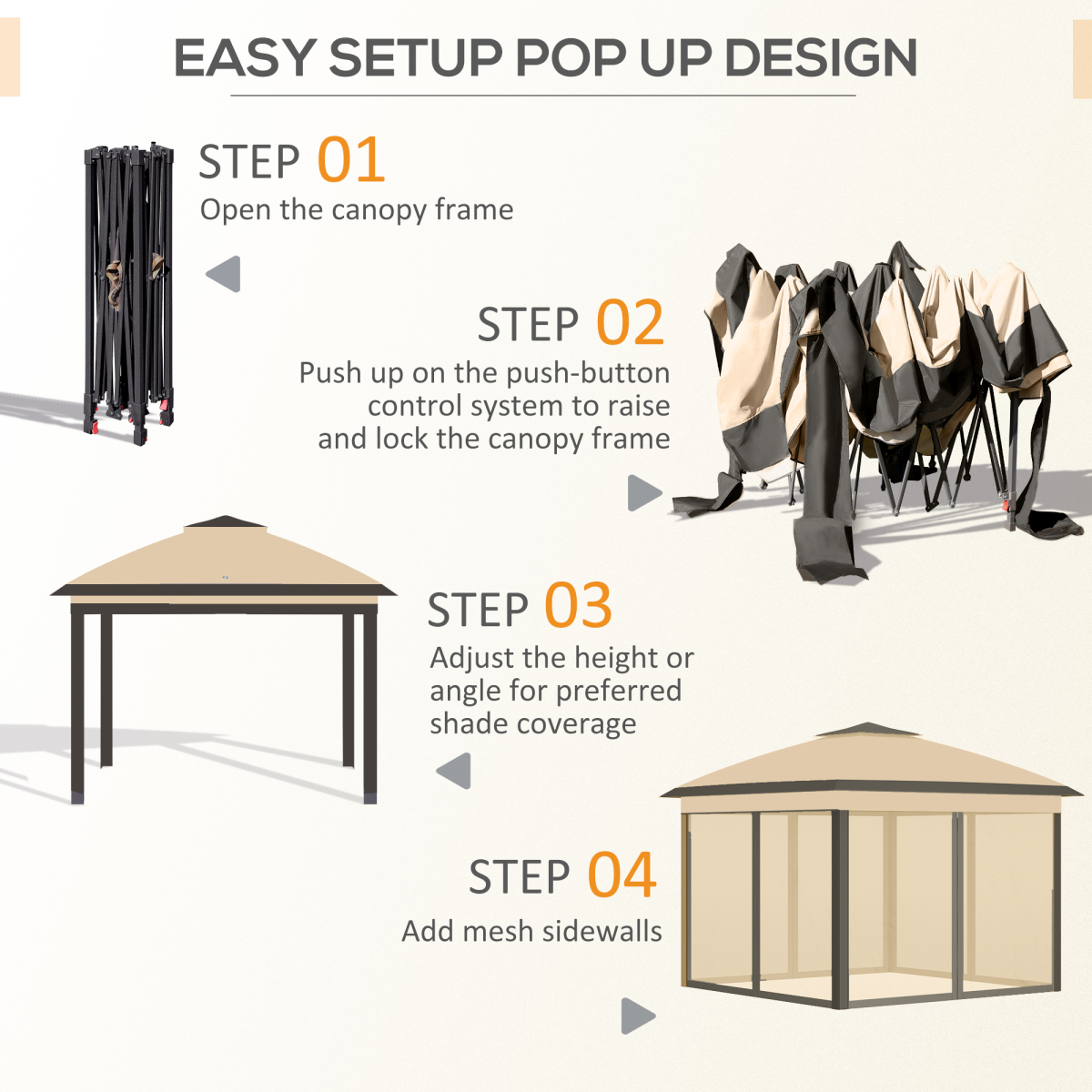 Pop Up Gazebo Height Adjustable Canopy Tent w/ Carrying Bag, Beige