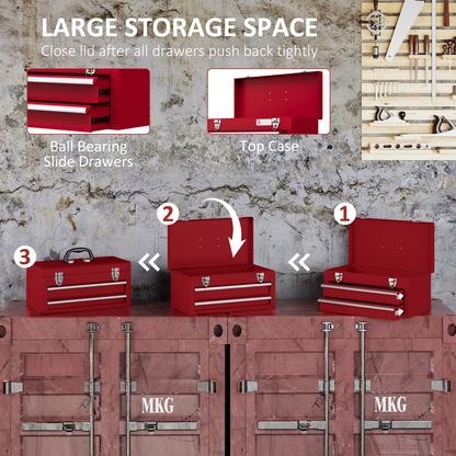 DURHAND Lockable 2 Drawer Tool Chest with Ball Bearing Slide Drawers Red