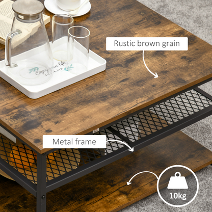 HOMCOM Industrial Coffee Table, Cocktail Table  Storage Shelves, Rustic Brown
