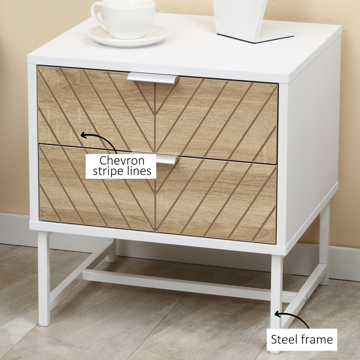 Modern Bedside Table with 2 Drawers, Sofa Side Table for Bedroom, White and Oak