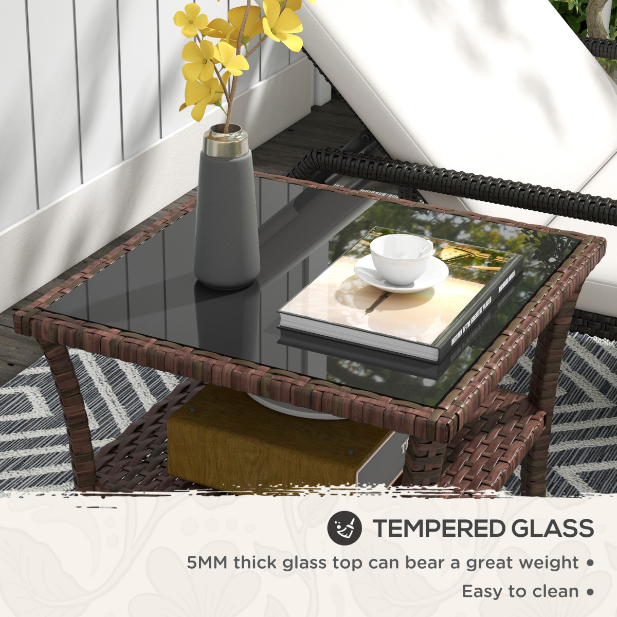 Outsunny PE Rattan Coffee Table, Two-tier Side Table with Glass Top, Brown