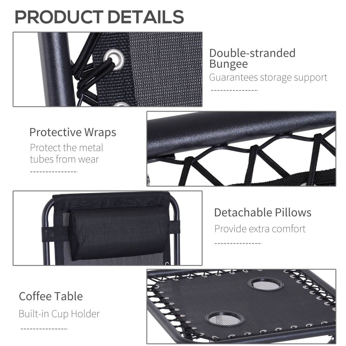 3PC Zero Gravity Chairs Sun Lounger Table Set w/ Cup Holders, Black Outsunny