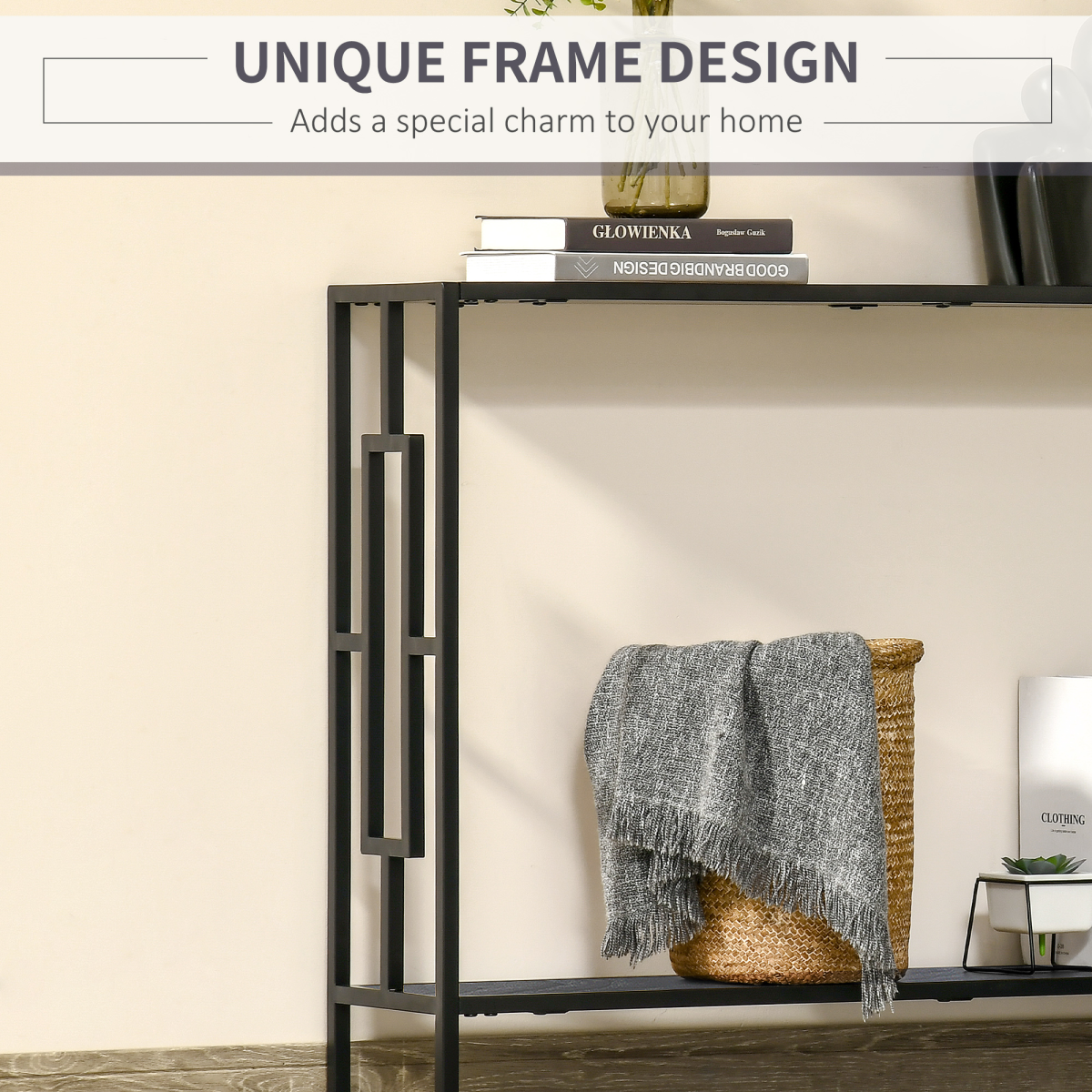 Console Table  2 Shelves MDF Steel Frame in Art Deco Square Style 76x106cm