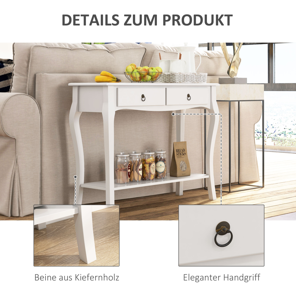 Console Table Storage Display Desk W/ 2 Drawers-Ivory White