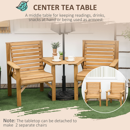 Outsunny Wooden Garden Love Seat w/ Coffee Table Umbrella Hole Partner Bench