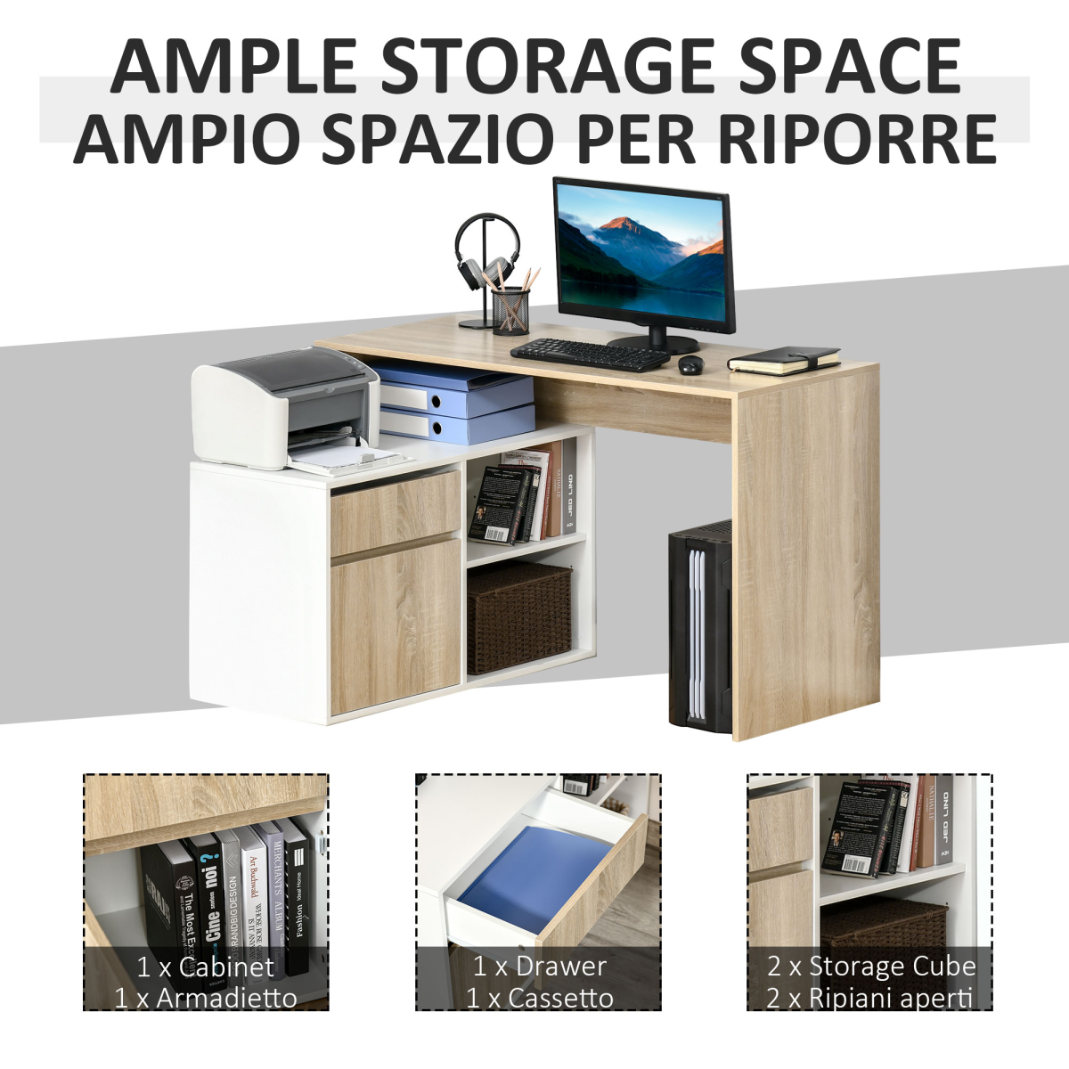 L-Shaped Corner Computer Desk  Oak and White