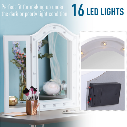 Lighted Tri-Fold Vanity Mirror Large Cosmetic Mirror  LED Lights White