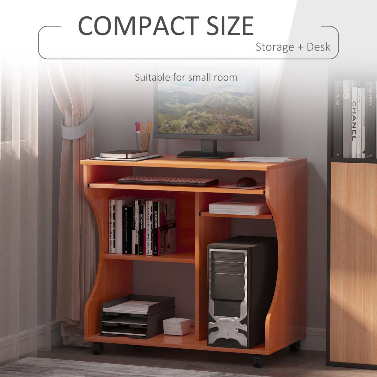 Computer Desk Laptop Writing Table Storage Shelf Workstation Wheels-Cherry Wood