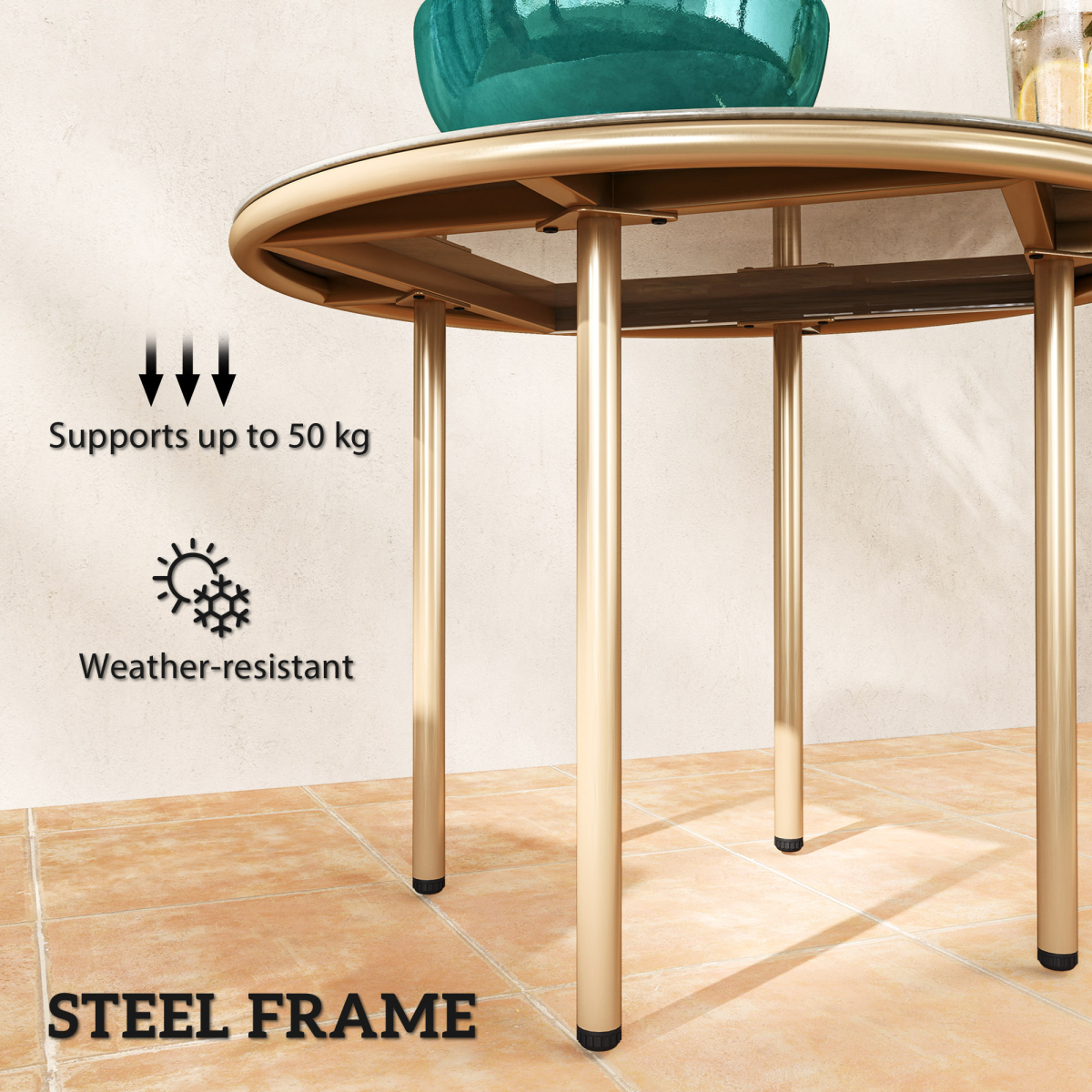 Outsunny Round Small Garden Table with Faux Marble Glass Top, Beige