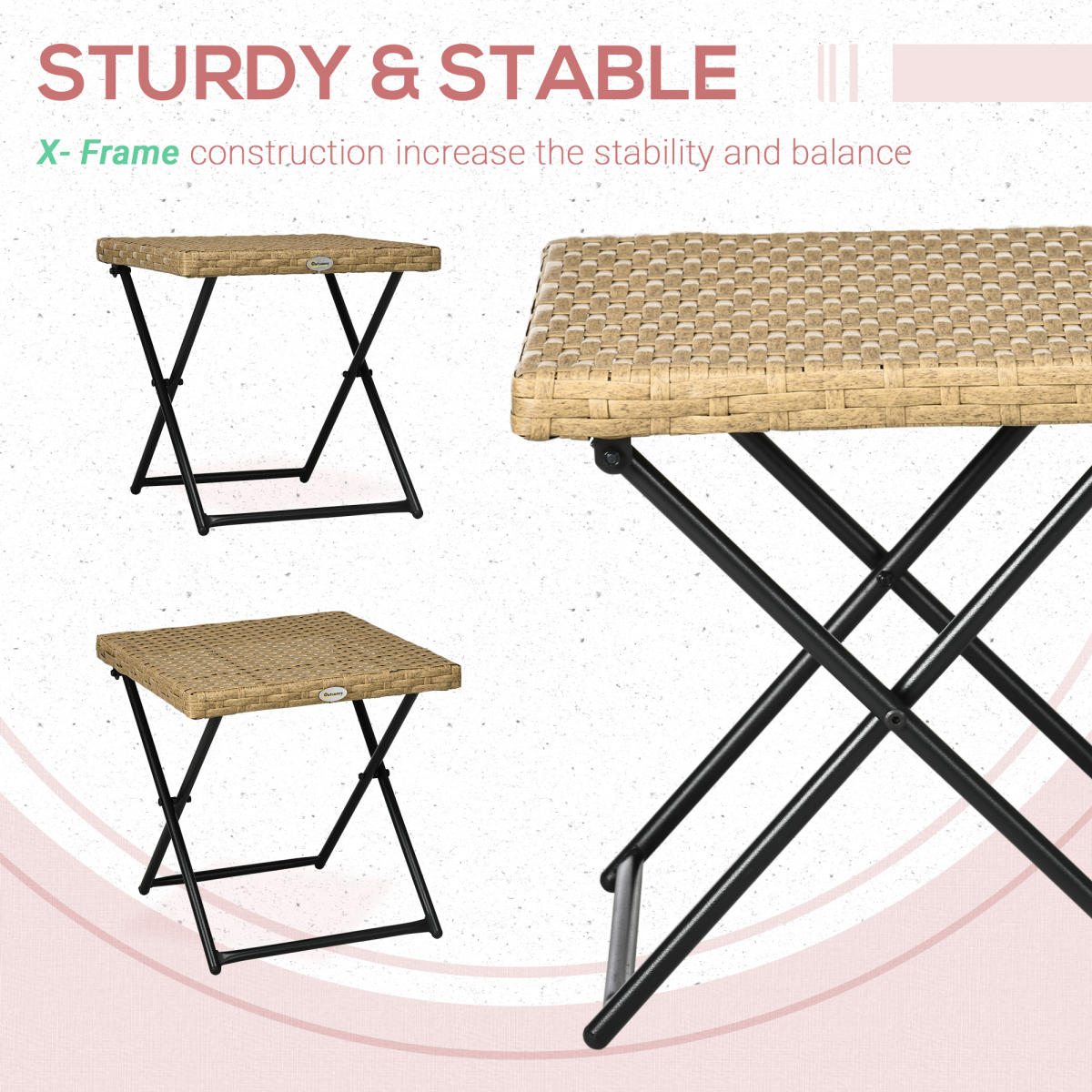 Outsunny Folding Square Rattan Coffee Table, Steel Frame Bistro Garden Natural