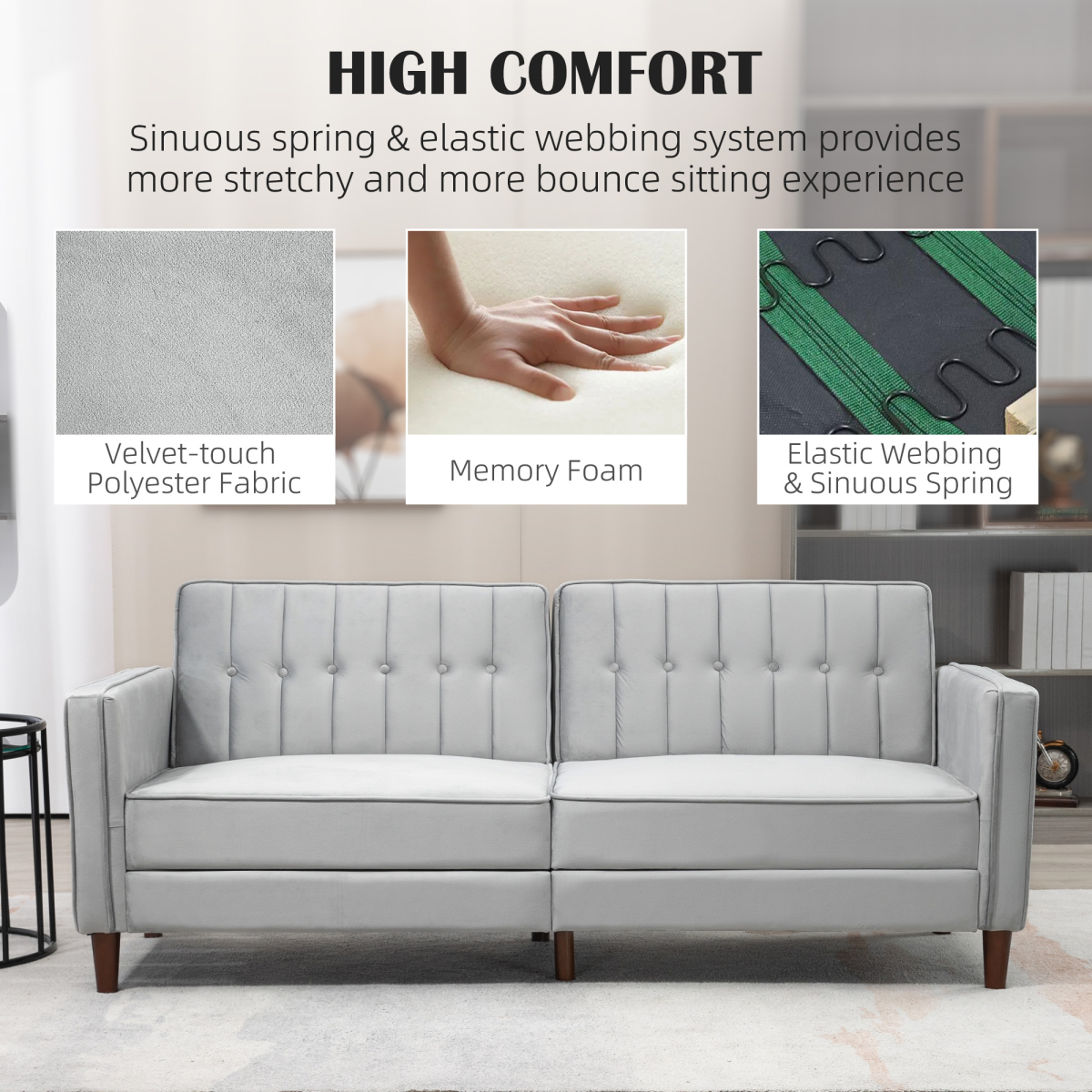 HOMCOM Convertible Sofa Futon Velvet-Touch Tufted Couch Sofa Bed Split Back Grey